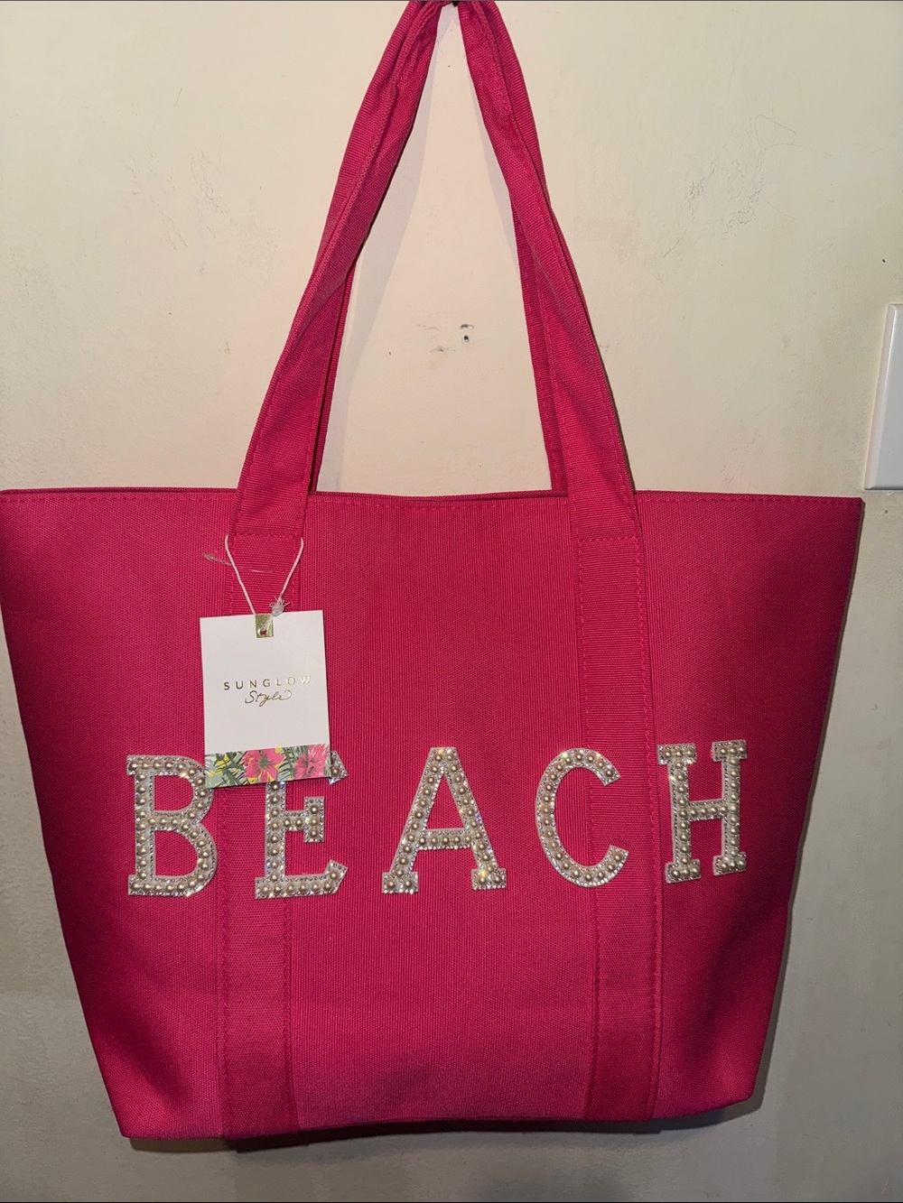 Bright Pink Rhinestone 'BEACH' Canvas Tote - Picture 4 of 10